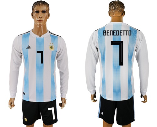 Argentina #7 Benedetto Home Long Sleeves Soccer Country Jersey
